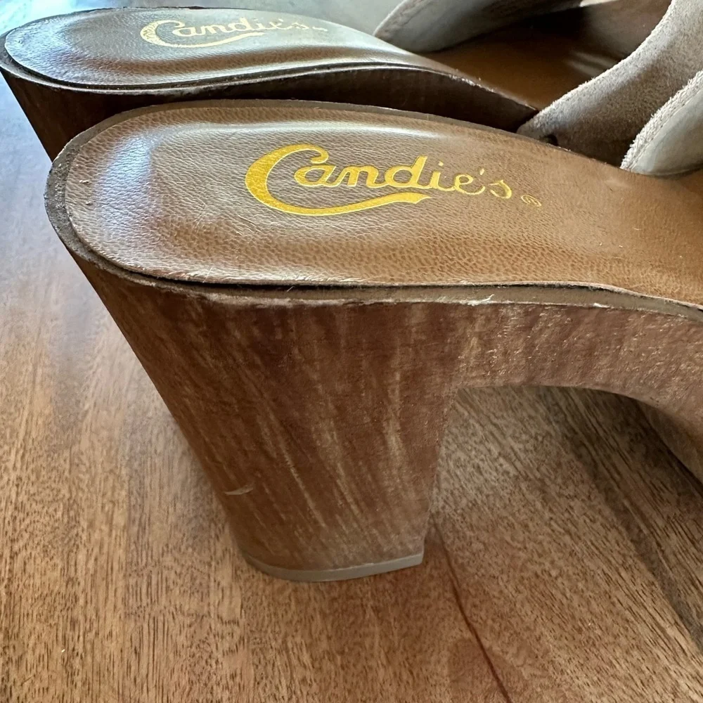 Candie's Womens Wooden Chunky Heel Slide Open Toe Platform Slip On Tan Size 6.5